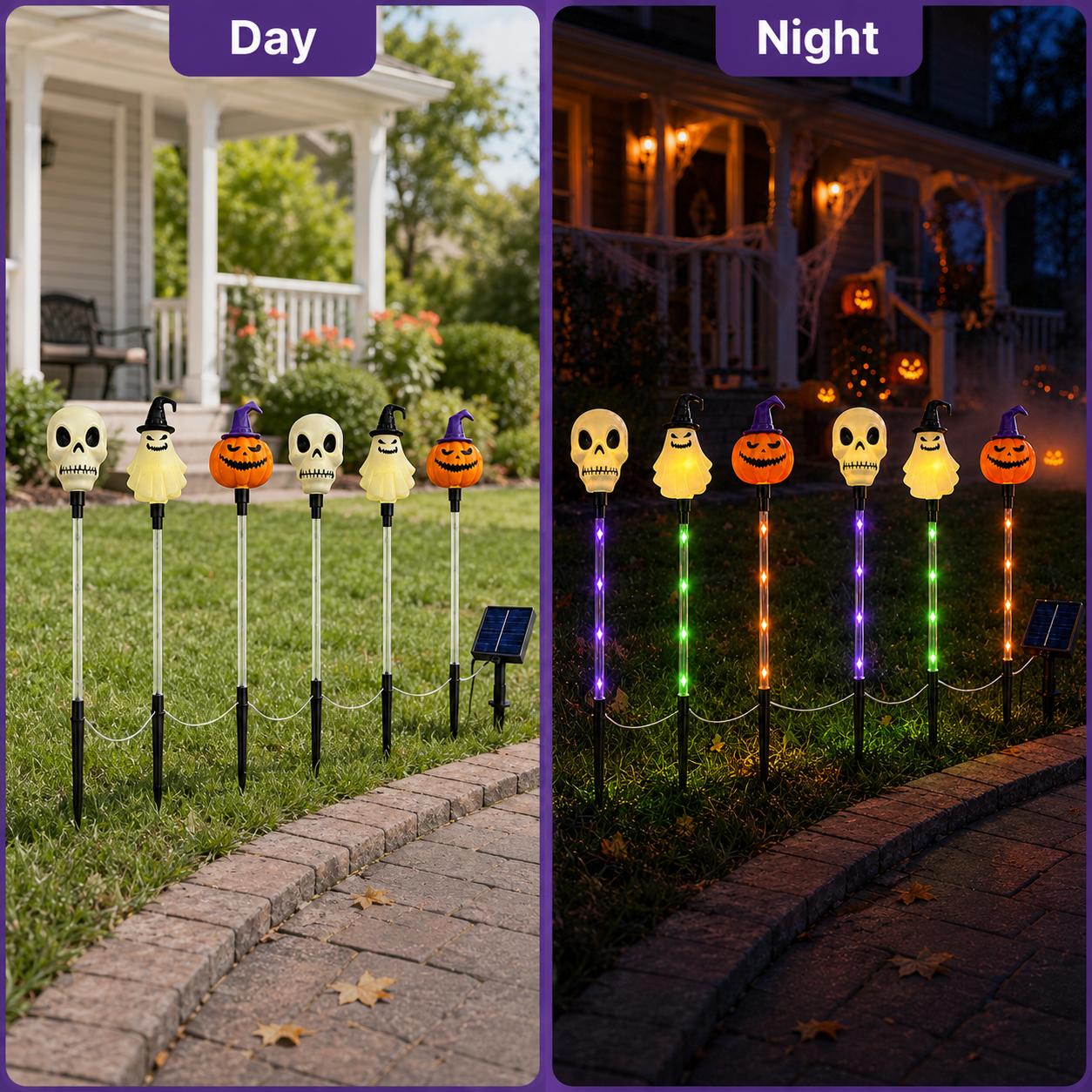 Halloween Solar Path Lights Set (6-Piece) - Outdoor Ghost Faces, Skeleton, Pumpkin Spooky Shapes with Plastic Frame, 8 Lighting Modes, IP65 Waterproof for Lawn, Sidewalk Home & Halloween Decorations