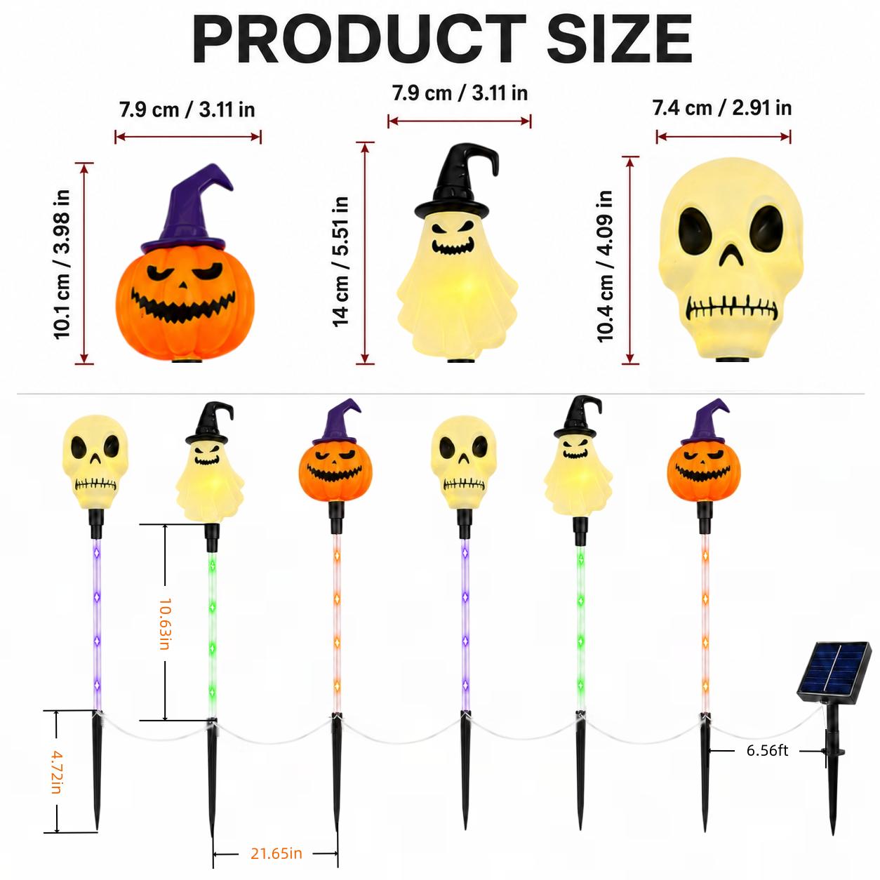 Halloween Solar Path Lights Set (6-Piece) - Outdoor Ghost Faces, Skeleton, Pumpkin Spooky Shapes with Plastic Frame, 8 Lighting Modes, IP65 Waterproof for Lawn, Sidewalk Home & Halloween Decorations