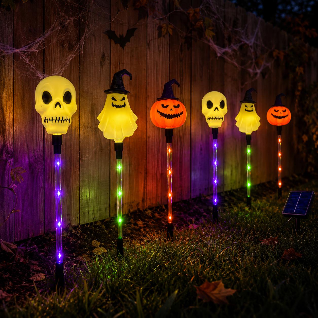 Halloween Solar Path Lights Set (6-Piece) - Outdoor Ghost Faces, Skeleton, Pumpkin Spooky Shapes with Plastic Frame, 8 Lighting Modes, IP65 Waterproof for Lawn, Sidewalk Home & Halloween Decorations