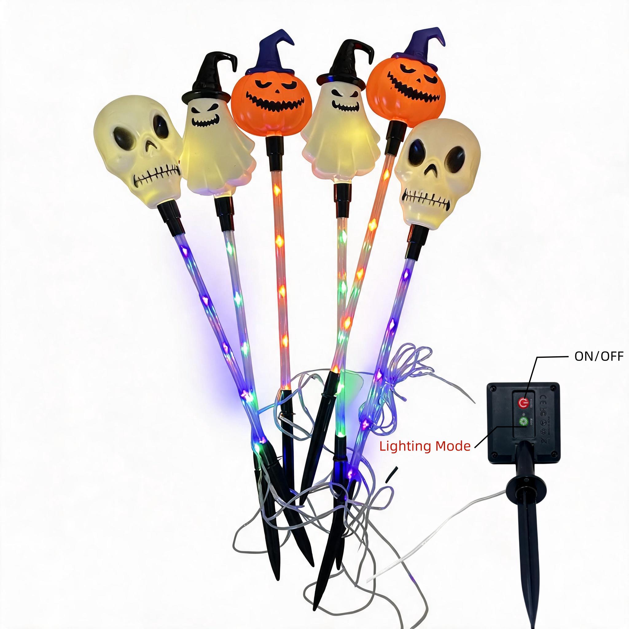 Halloween Solar Path Lights Set (6-Piece) - Outdoor Ghost Faces, Skeleton, Pumpkin Spooky Shapes with Plastic Frame, 8 Lighting Modes, IP65 Waterproof for Lawn, Sidewalk Home & Halloween Decorations