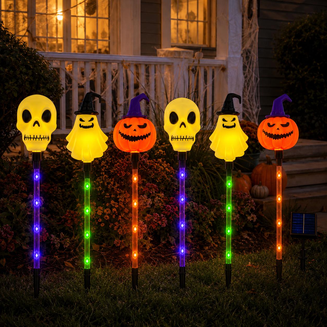 Halloween Solar Path Lights Set (6-Piece) - Outdoor Ghost Faces, Skeleton, Pumpkin Spooky Shapes with Plastic Frame, 8 Lighting Modes, IP65 Waterproof for Lawn, Sidewalk Home & Halloween Decorations