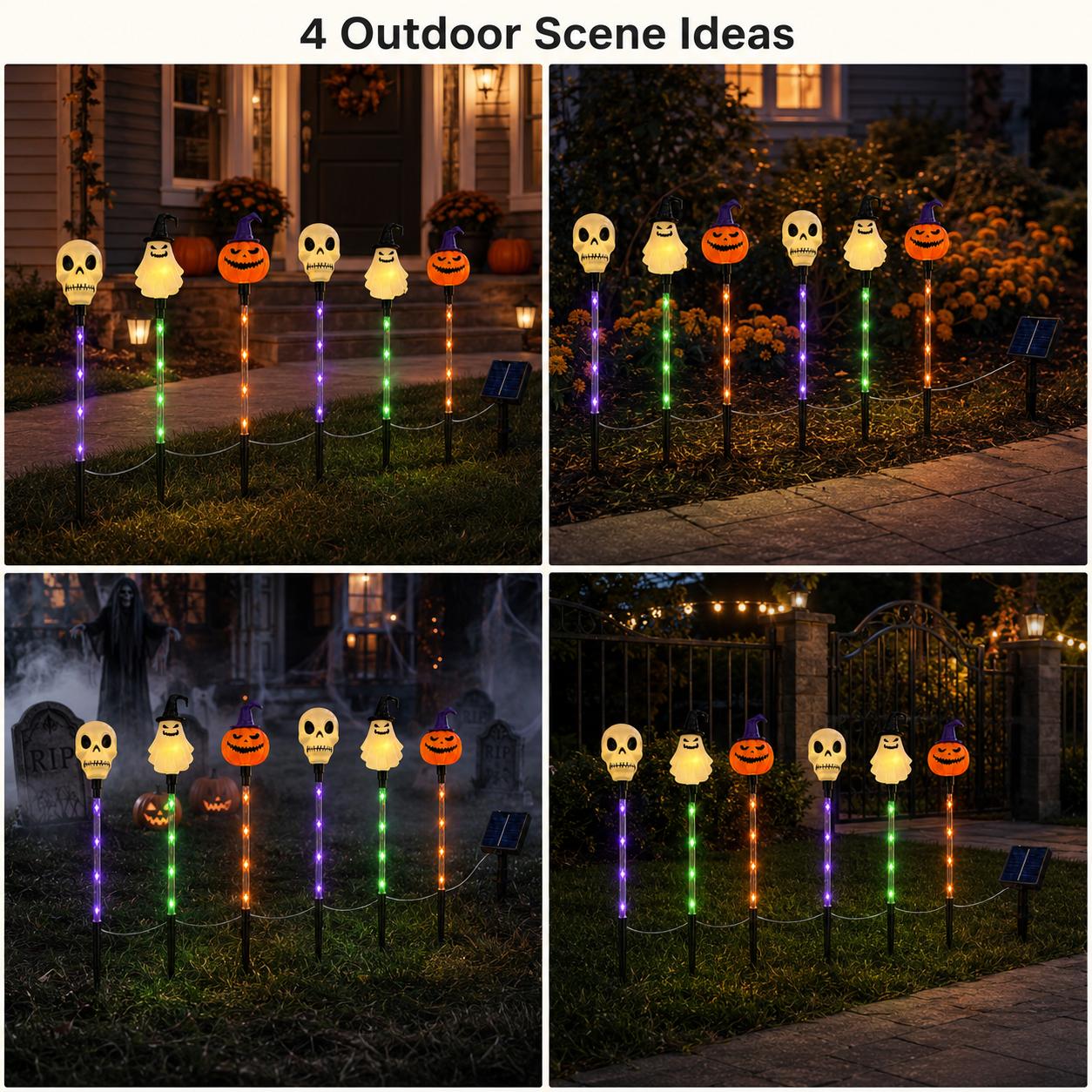 Halloween Solar Path Lights Set (6-Piece) - Outdoor Ghost Faces, Skeleton, Pumpkin Spooky Shapes with Plastic Frame, 8 Lighting Modes, IP65 Waterproof for Lawn, Sidewalk Home & Halloween Decorations