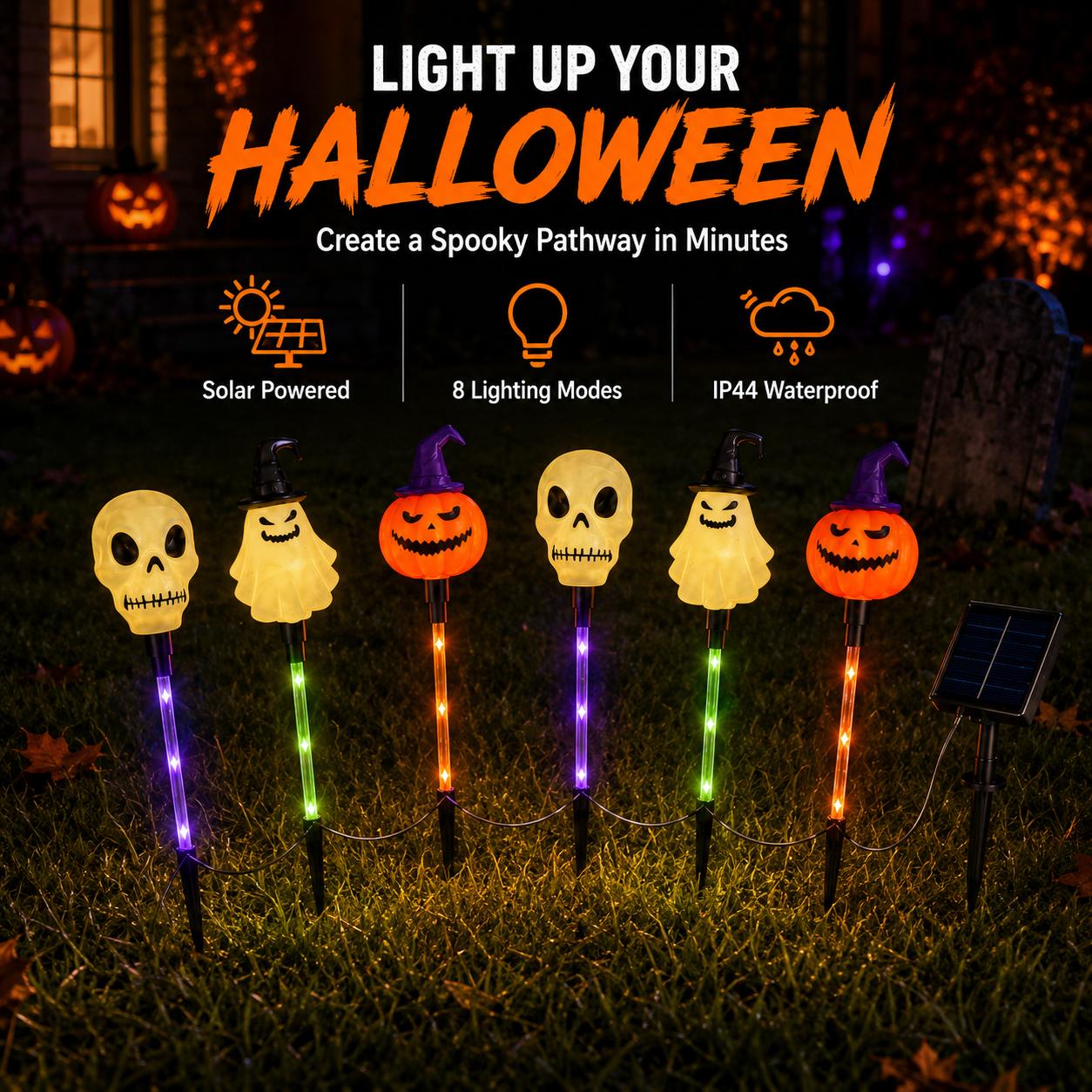 Halloween Solar Path Lights Set (6-Piece) - Outdoor Ghost Faces, Skeleton, Pumpkin Spooky Shapes with Plastic Frame, 8 Lighting Modes, IP65 Waterproof for Lawn, Sidewalk Home & Halloween Decorations