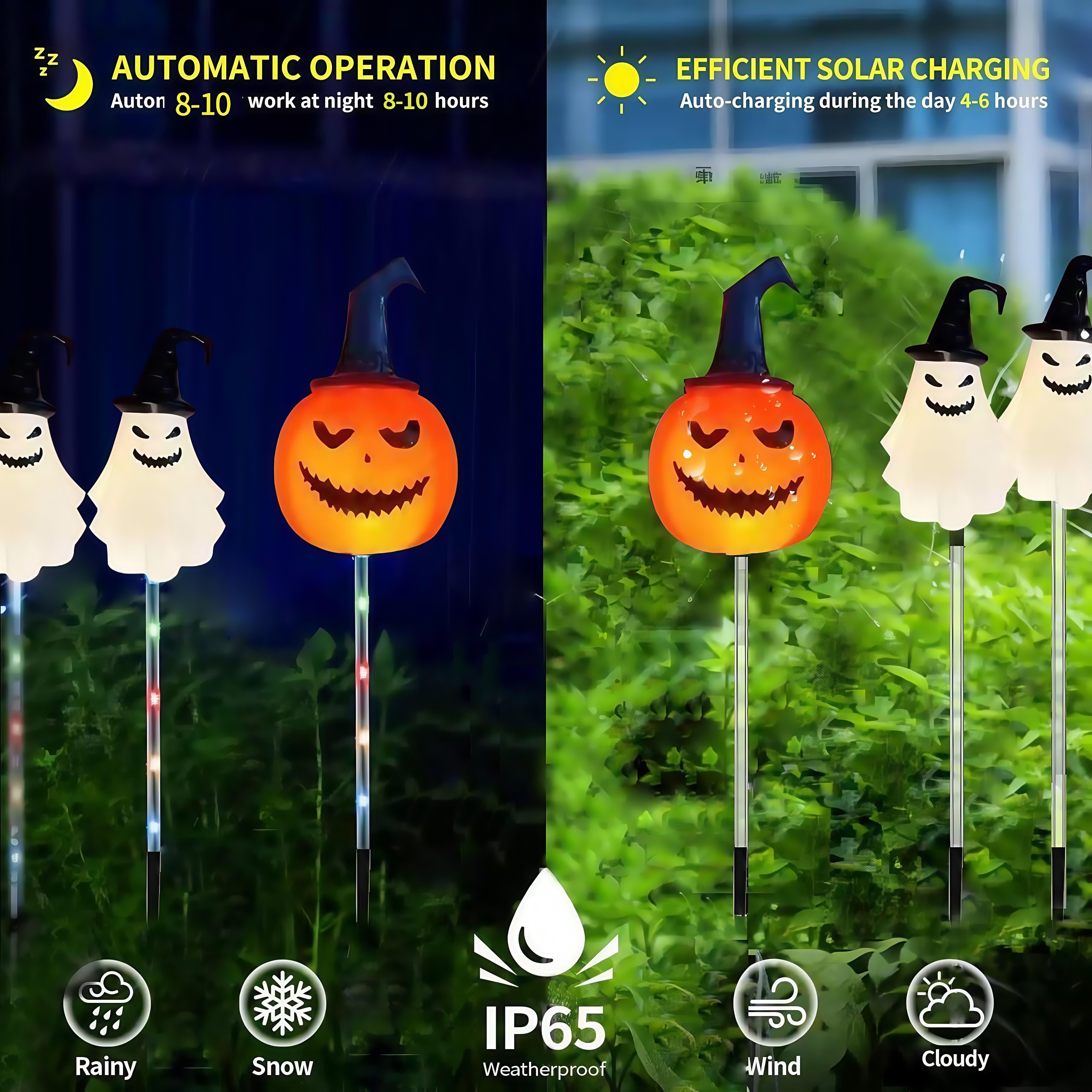 Halloween Solar Path Lights Set (6-Piece) - Outdoor Ghost Faces, Skeleton, Pumpkin Spooky Shapes with Plastic Frame, 8 Lighting Modes, IP65 Waterproof for Lawn, Sidewalk Home & Halloween Decorations