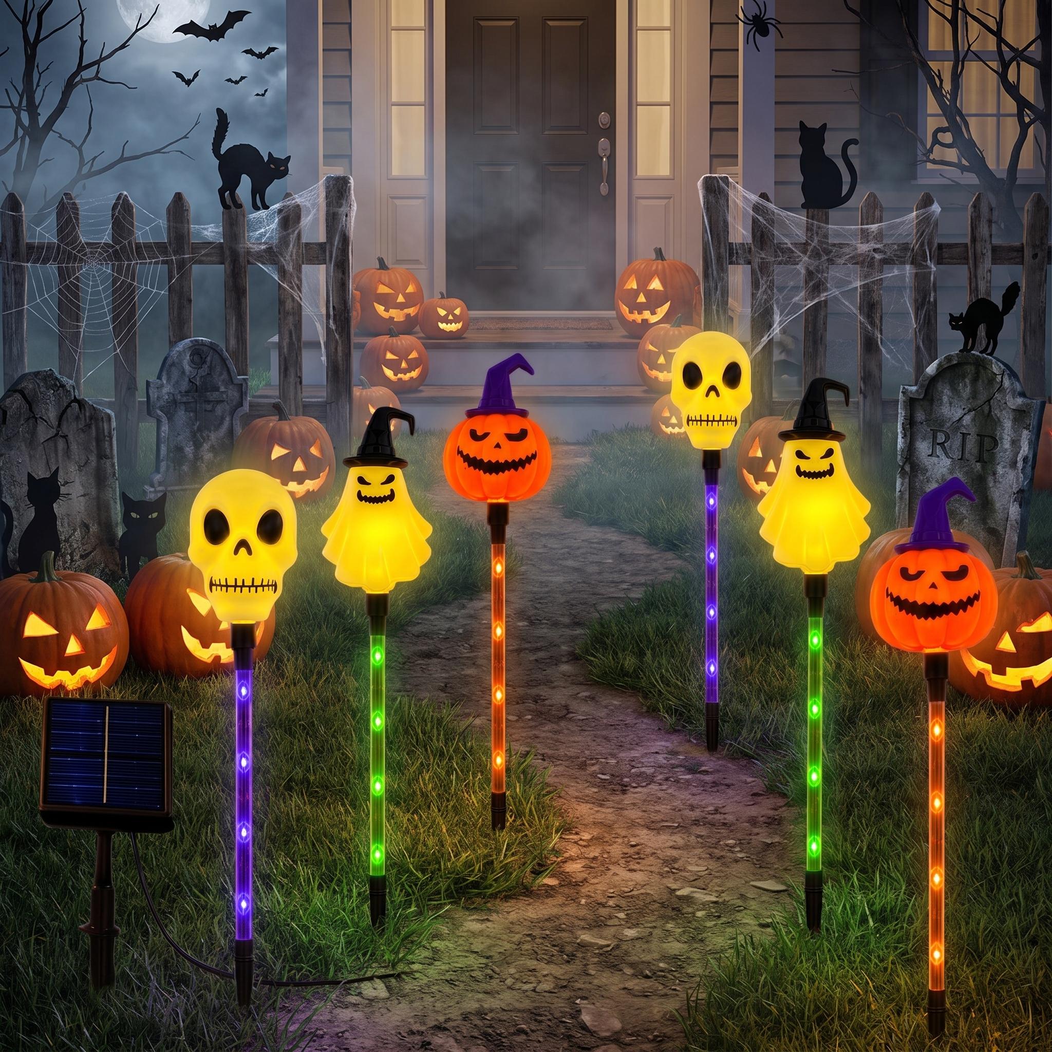 Halloween Solar Path Lights Set (6-Piece) - Outdoor Ghost Faces, Skeleton, Pumpkin Spooky Shapes with Plastic Frame, 8 Lighting Modes, IP65 Waterproof for Lawn, Sidewalk Home & Halloween Decorations