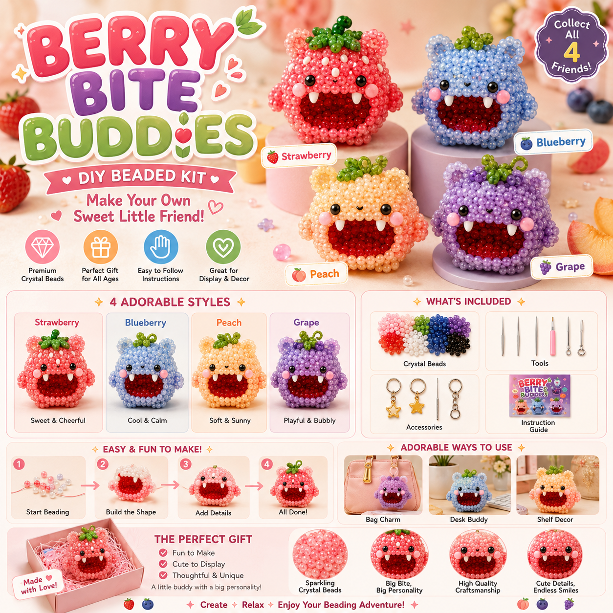 Chubby Chomp Pals DIY Beaded Kit Cute Collectible Monster Craft Set