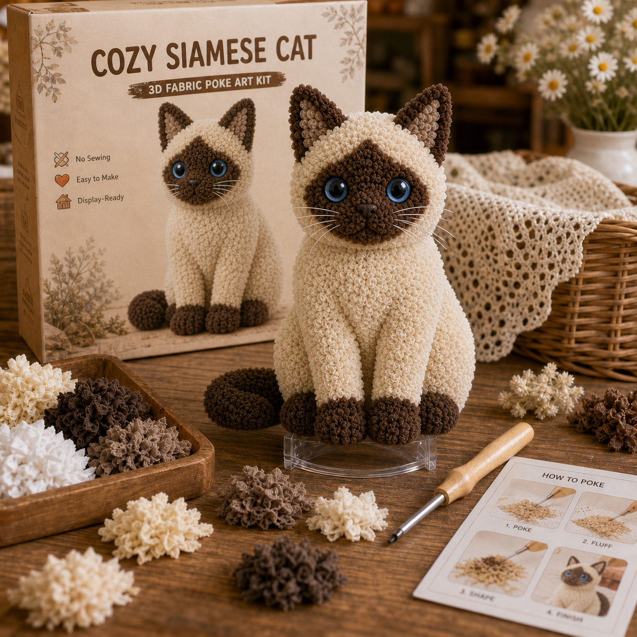 Cozy Cat Fabric Poke Art Kit – No-Sew DIY Textured Cat Craft