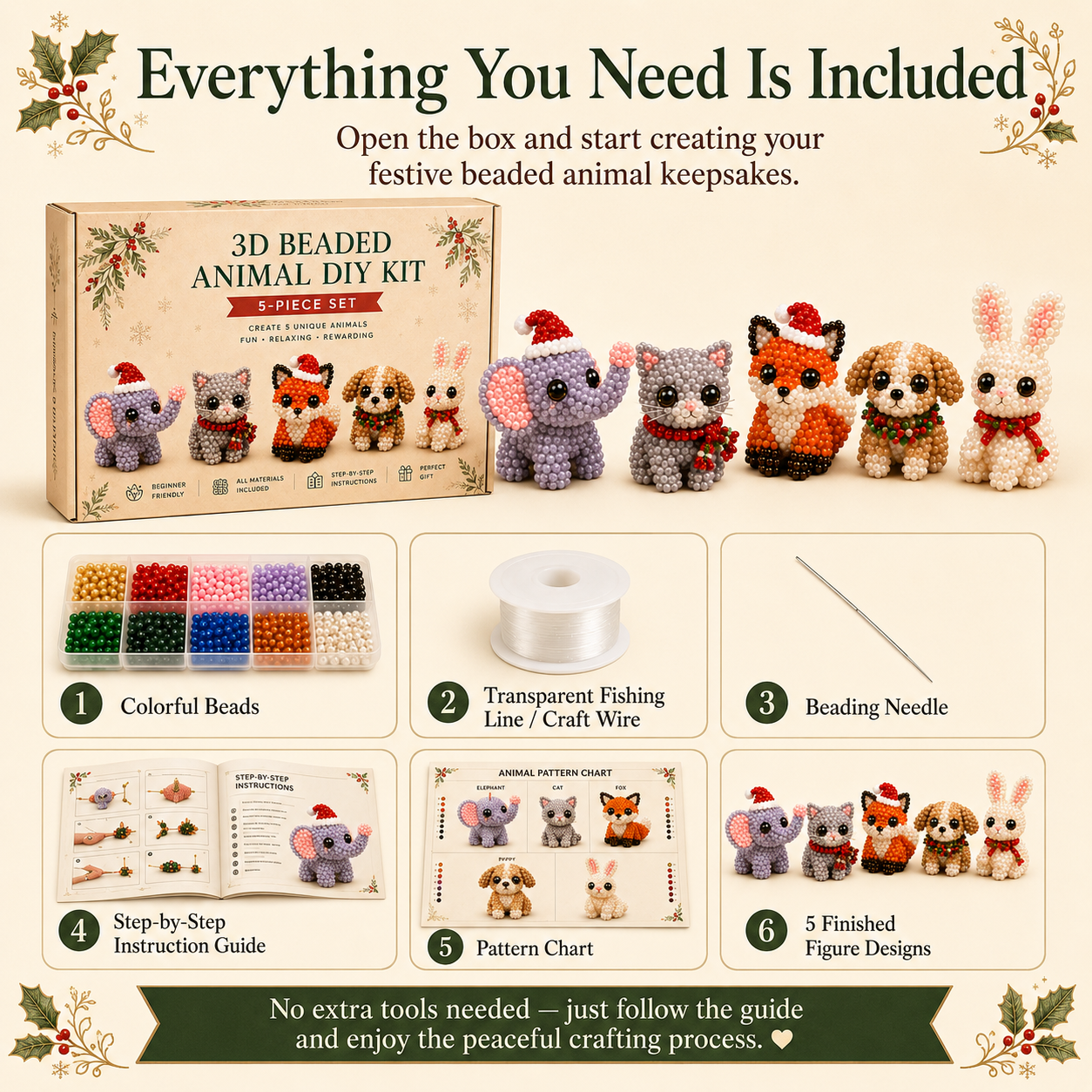 🎄 Christmas 3D Beaded Woodland Friends DIY Kit – 5-Piece Holiday Animal Craft Set