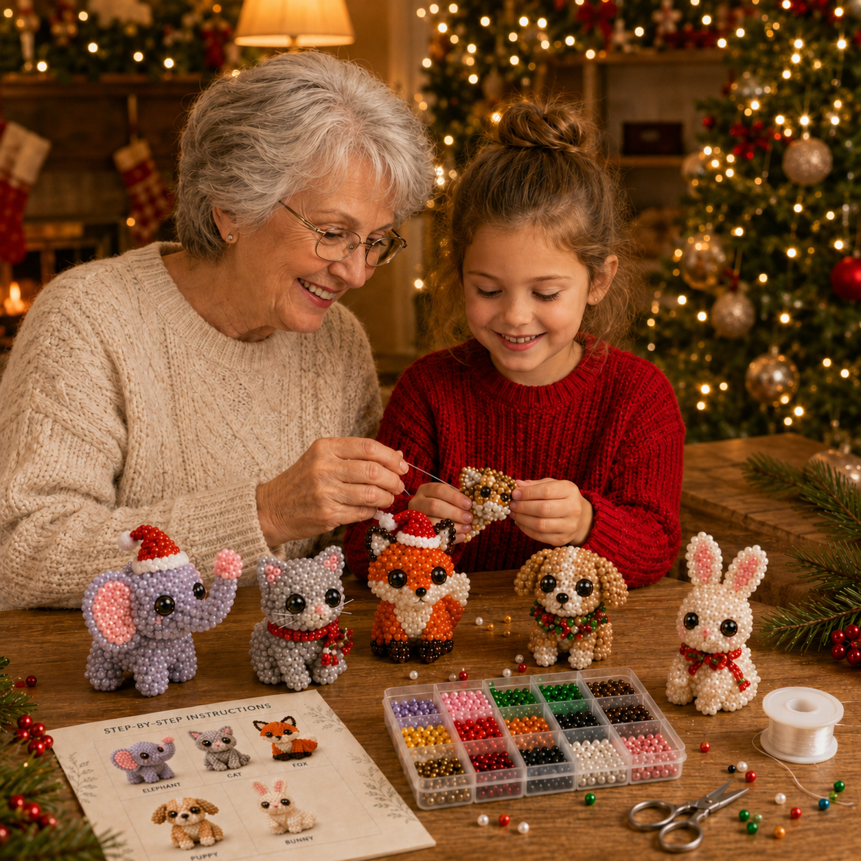 🎄 Christmas 3D Beaded Woodland Friends DIY Kit – 5-Piece Holiday Animal Craft Set