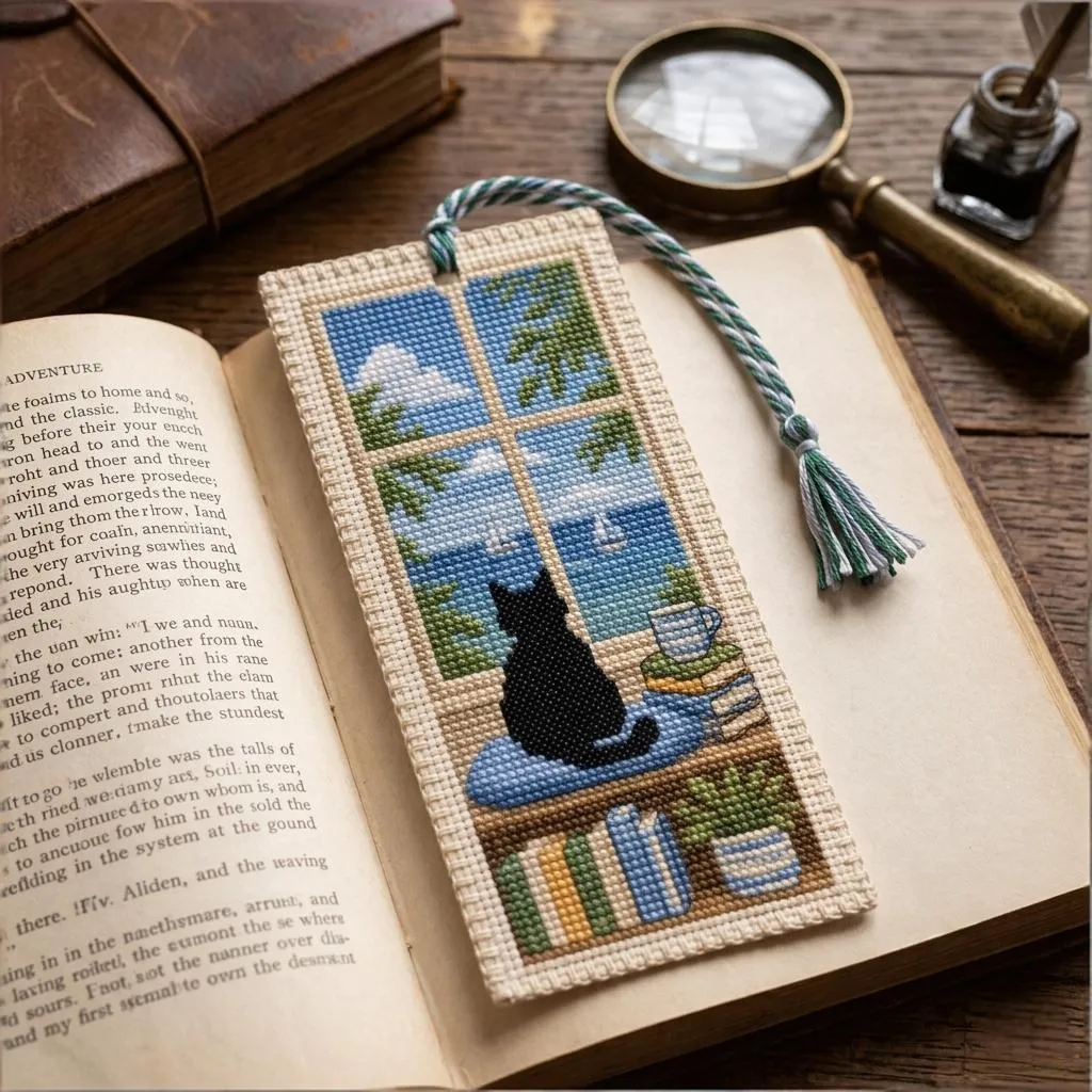 🐱 Cat Window Seasons Embroidery Bookmark DIY Kit🌸