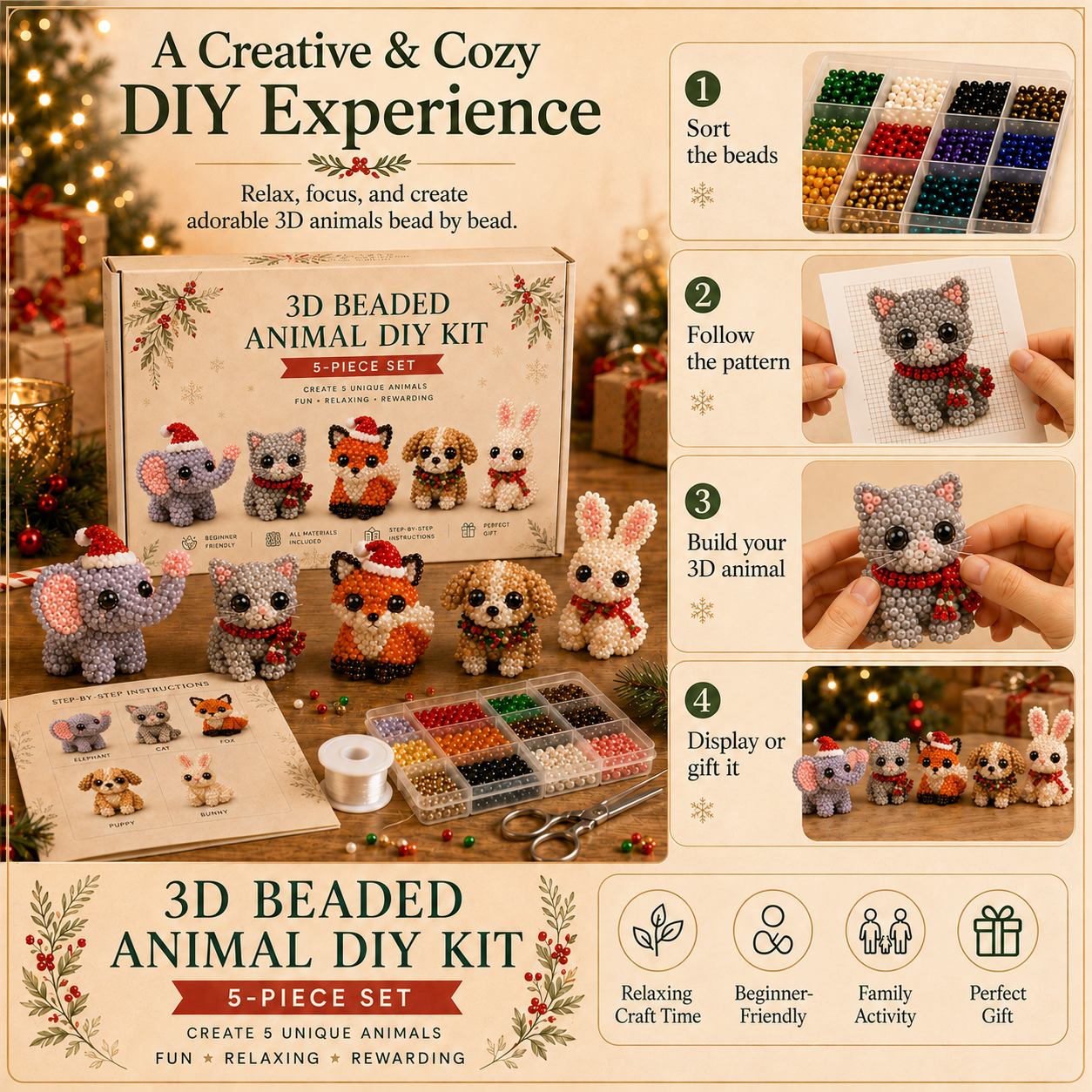 🎄 Christmas 3D Beaded Woodland Friends DIY Kit – 5-Piece Holiday Animal Craft Set
