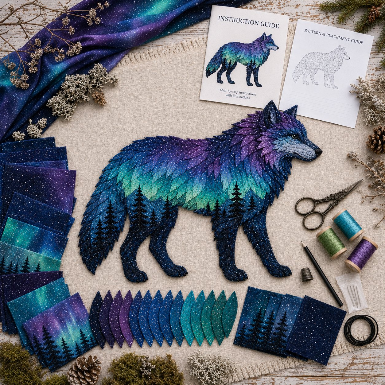 ⏳Last Day 50% OFF - 🌌🐺Northern Lights Wildlife DIY Patchwork Kit 📦Limited Stock🔥