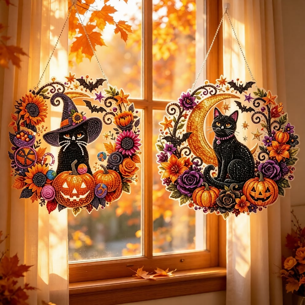 Black Cat Moon Diamond Art Hanging Ornament Kit – Relaxing DIY Halloween Craft 🎃💎