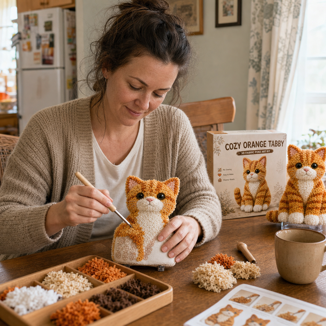 Cozy Cat Fabric Poke Art Kit – No-Sew DIY Textured Cat Craft