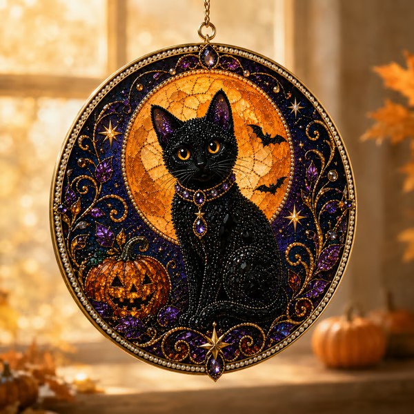 🌙 DIY Celestial Black Cat Window Hanging Kit | 3D Pearl Bead Suncatcher 🔮✨