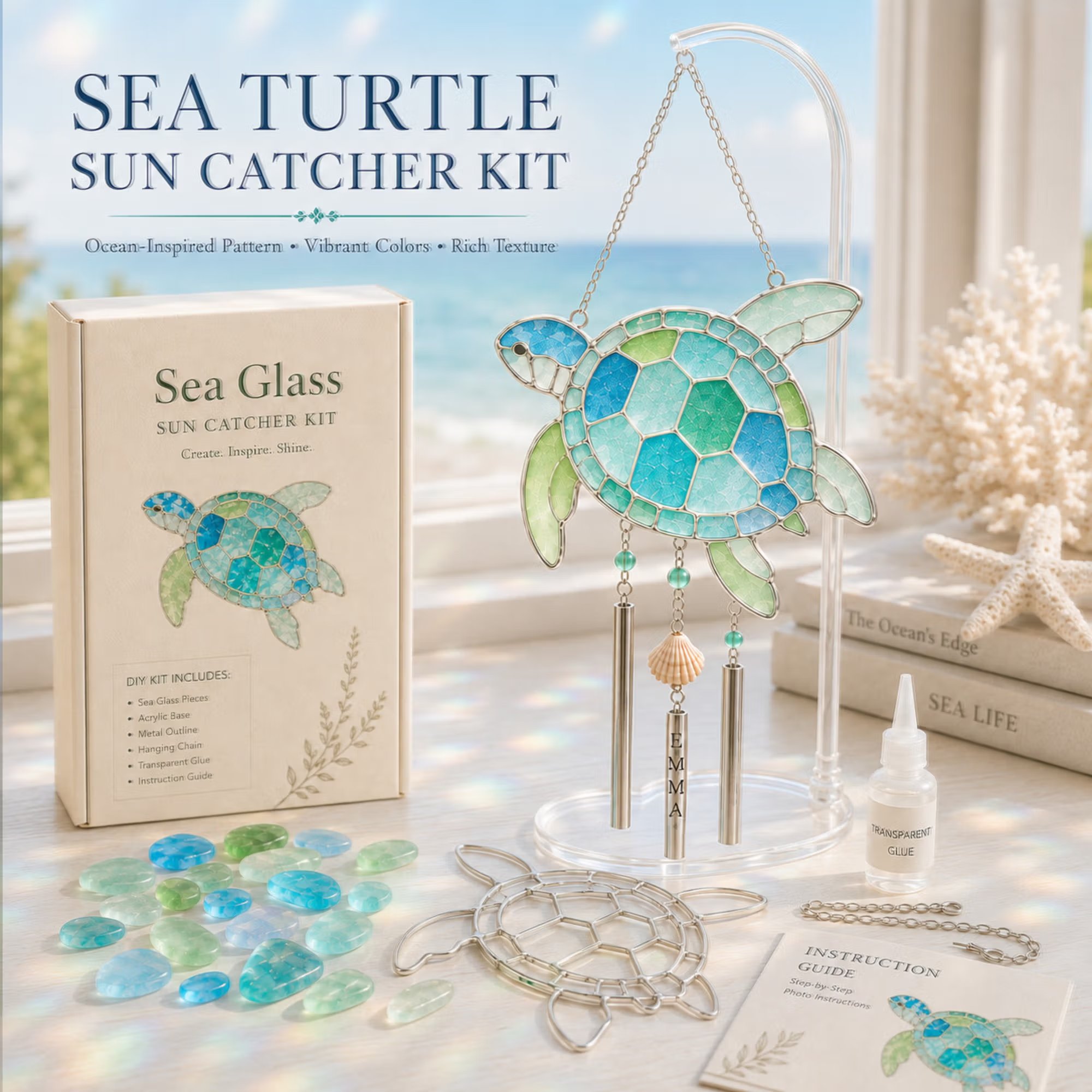 🔥Holiday Sale Now Open | 50% Discount🎉Personalized Coastal Glow Sea Glass Suncatcher Wind Chime Kit Collection with Text, Home Decor, Birthday Gift for Ocean Lovers