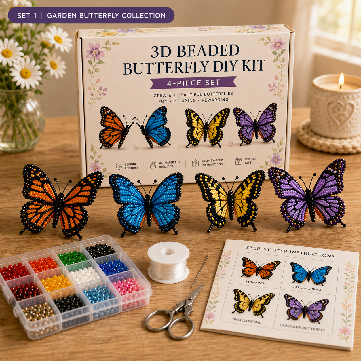 3D Beaded Butterfly DIY Kit – 4-Piece Handmade Butterfly Craft Set