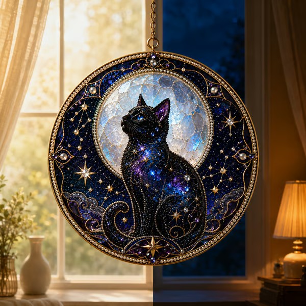 🌙 DIY Celestial Black Cat Window Hanging Kit | 3D Pearl Bead Suncatcher 🔮✨
