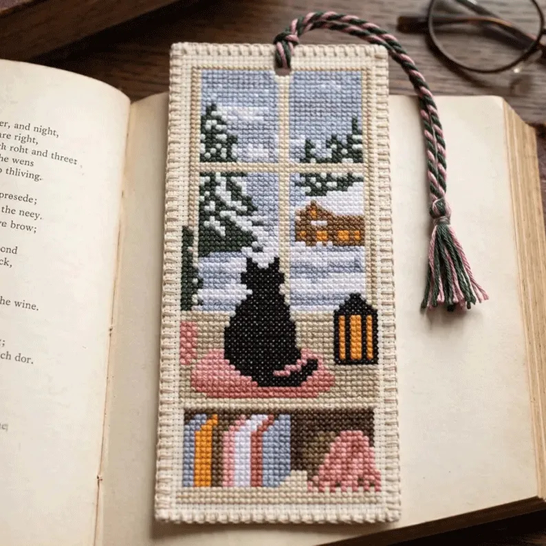 🐱 Cat Window Seasons Embroidery Bookmark DIY Kit🌸