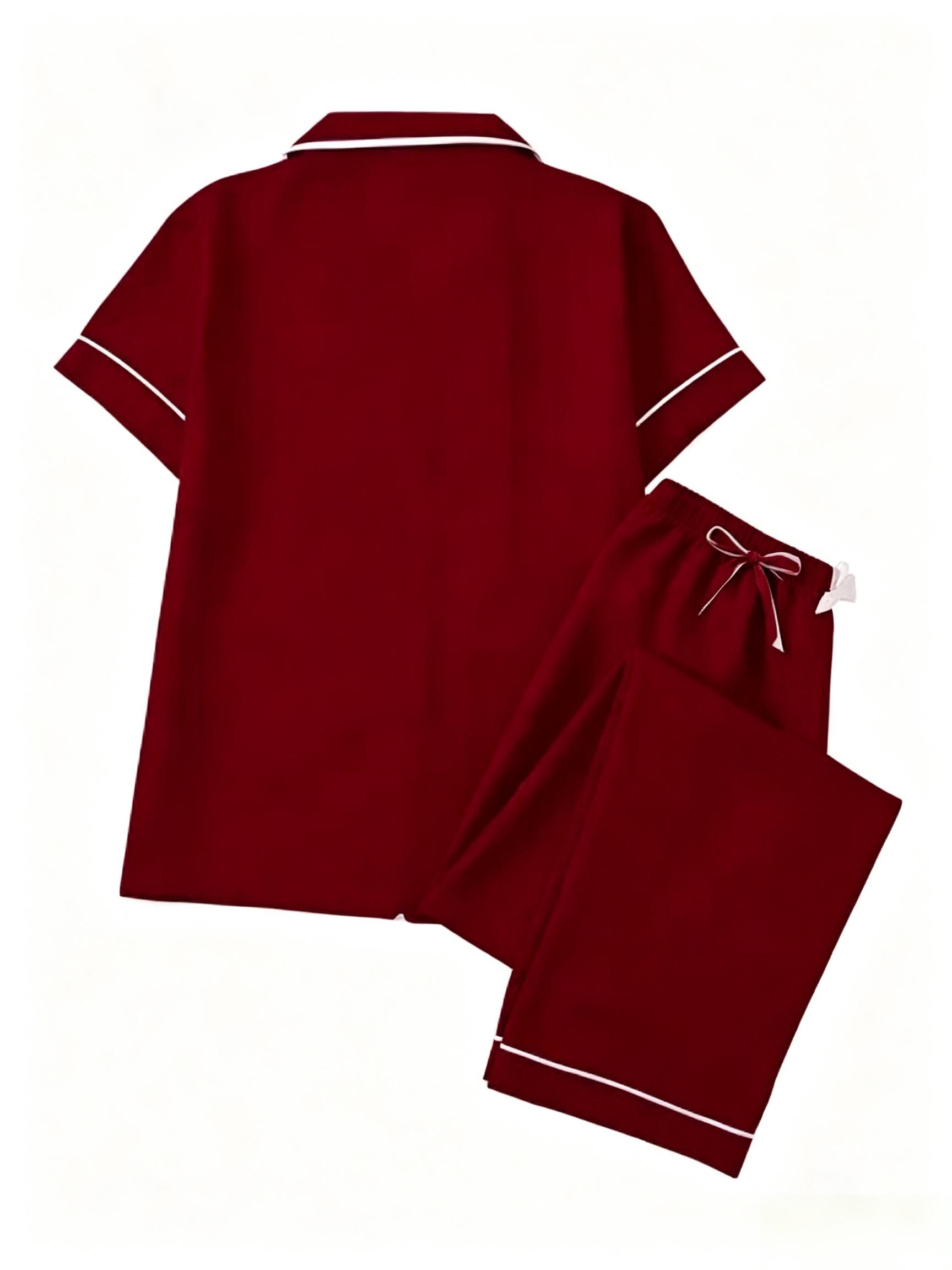 Women's Fitted Heart Embroidery Pajama Set, Polyester