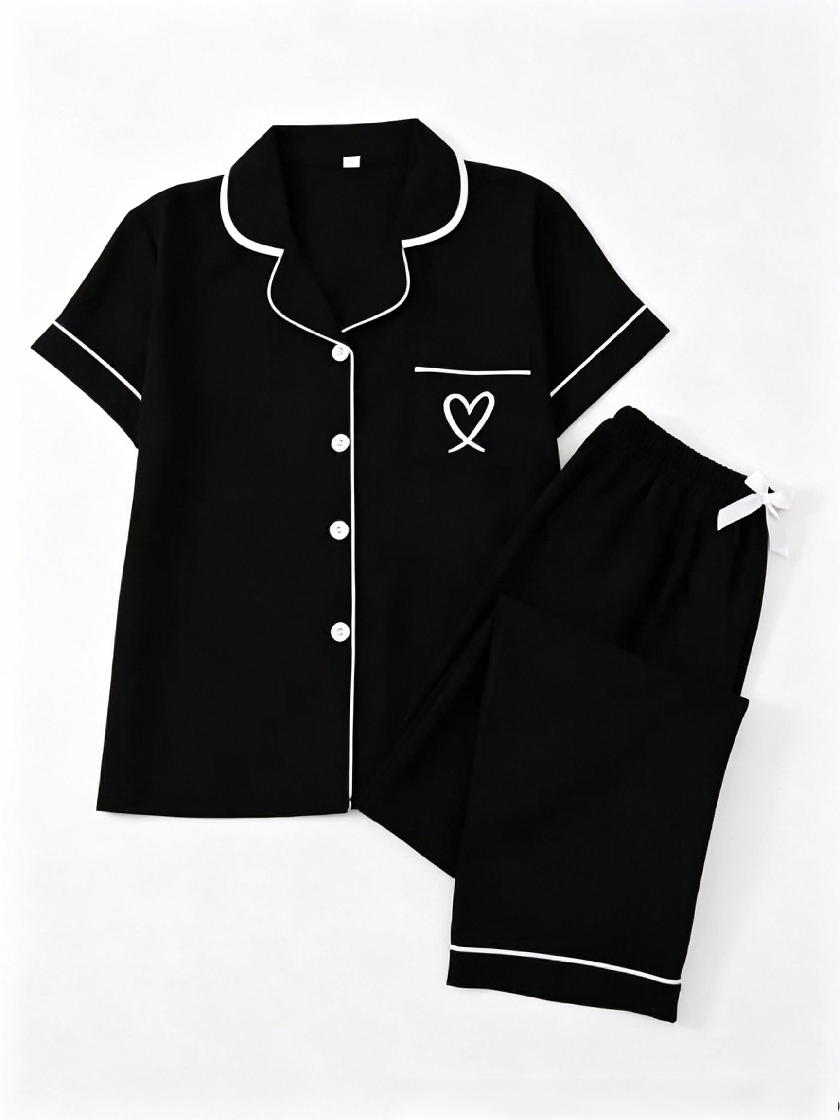Women's Fitted Heart Embroidery Pajama Set, Polyester
