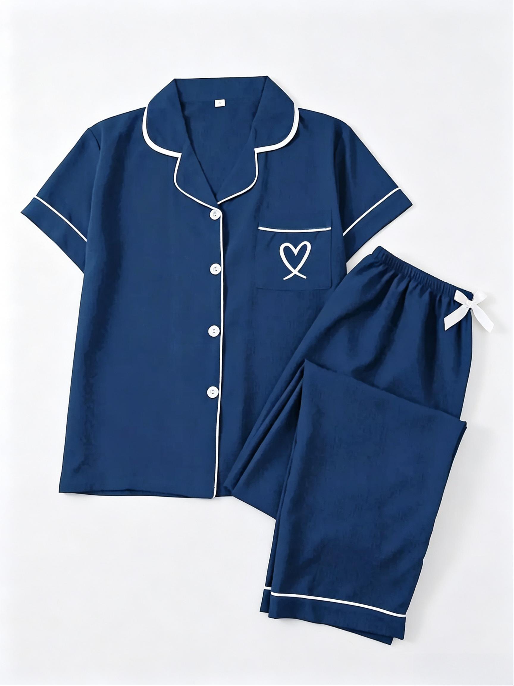 Women's Fitted Heart Embroidery Pajama Set, Polyester