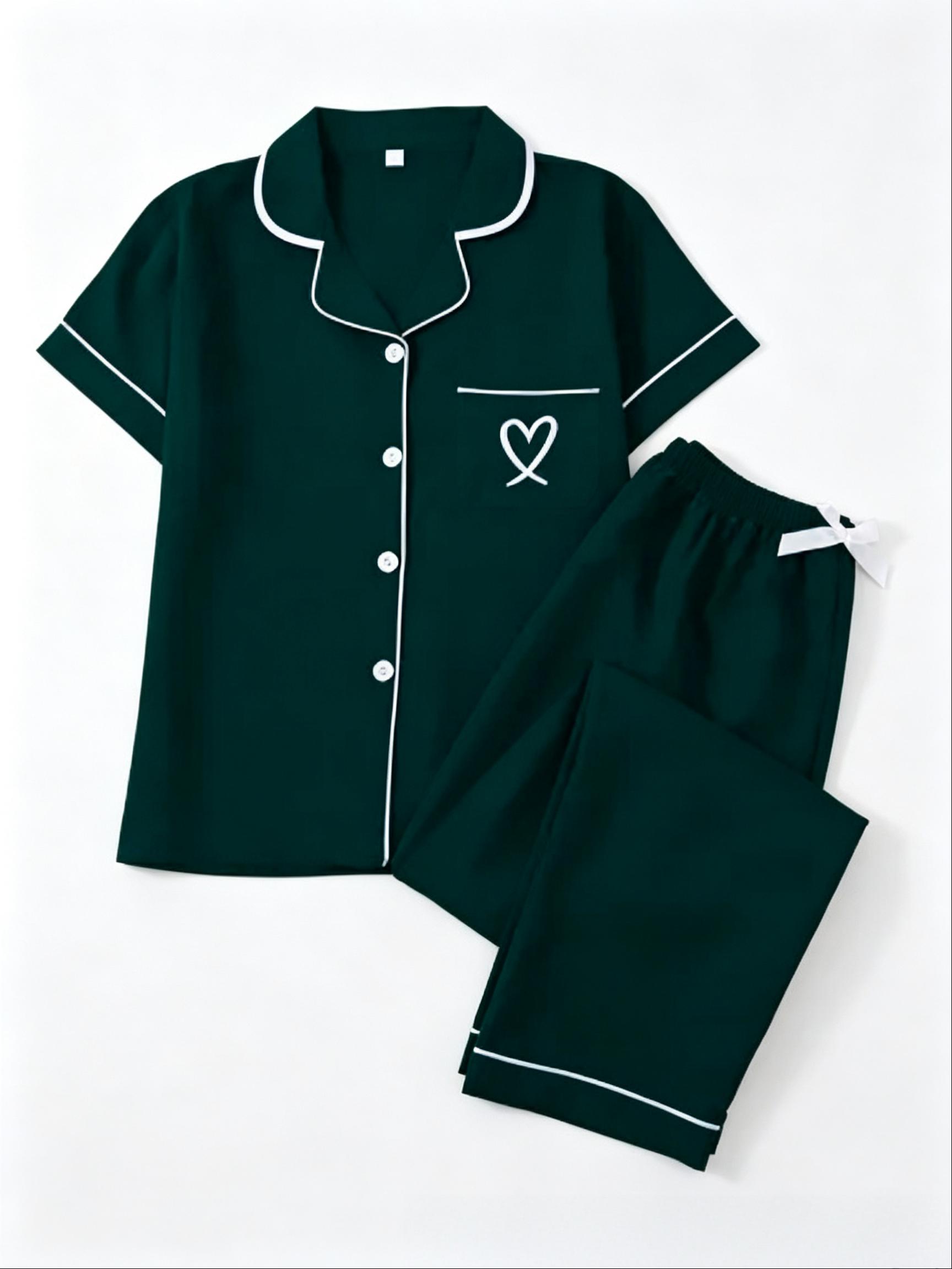 Women's Fitted Heart Embroidery Pajama Set, Polyester