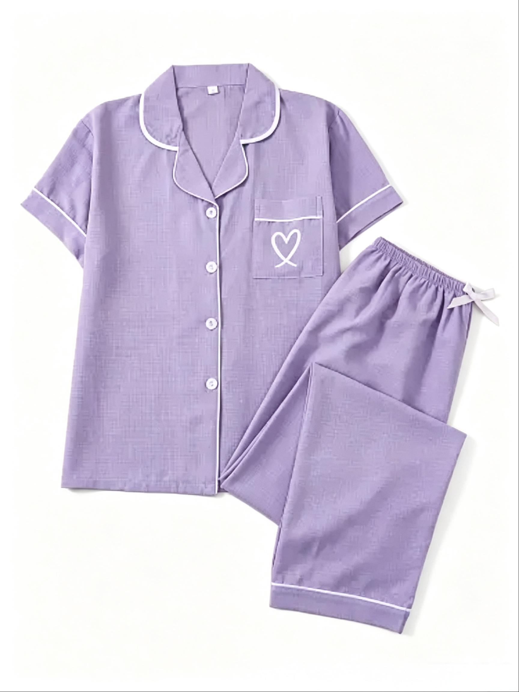Women's Fitted Heart Embroidery Pajama Set, Polyester