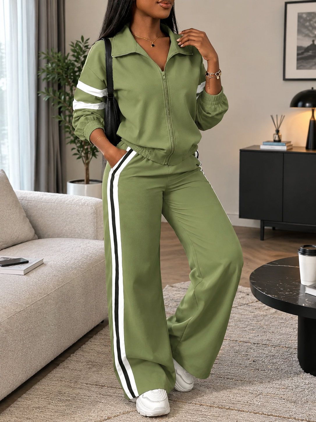 Women’s Two-Piece Casual Set – Zip-Up Jacket & Striped Wide-Leg Trousers