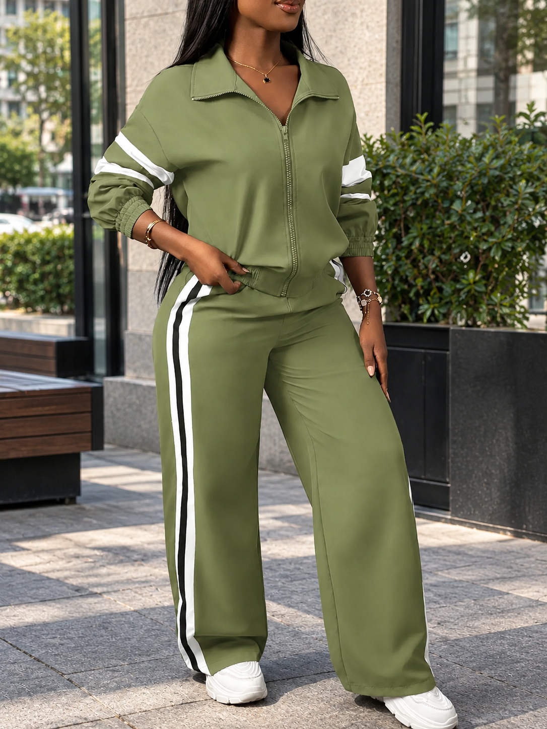Women’s Two-Piece Casual Set – Zip-Up Jacket & Striped Wide-Leg Trousers