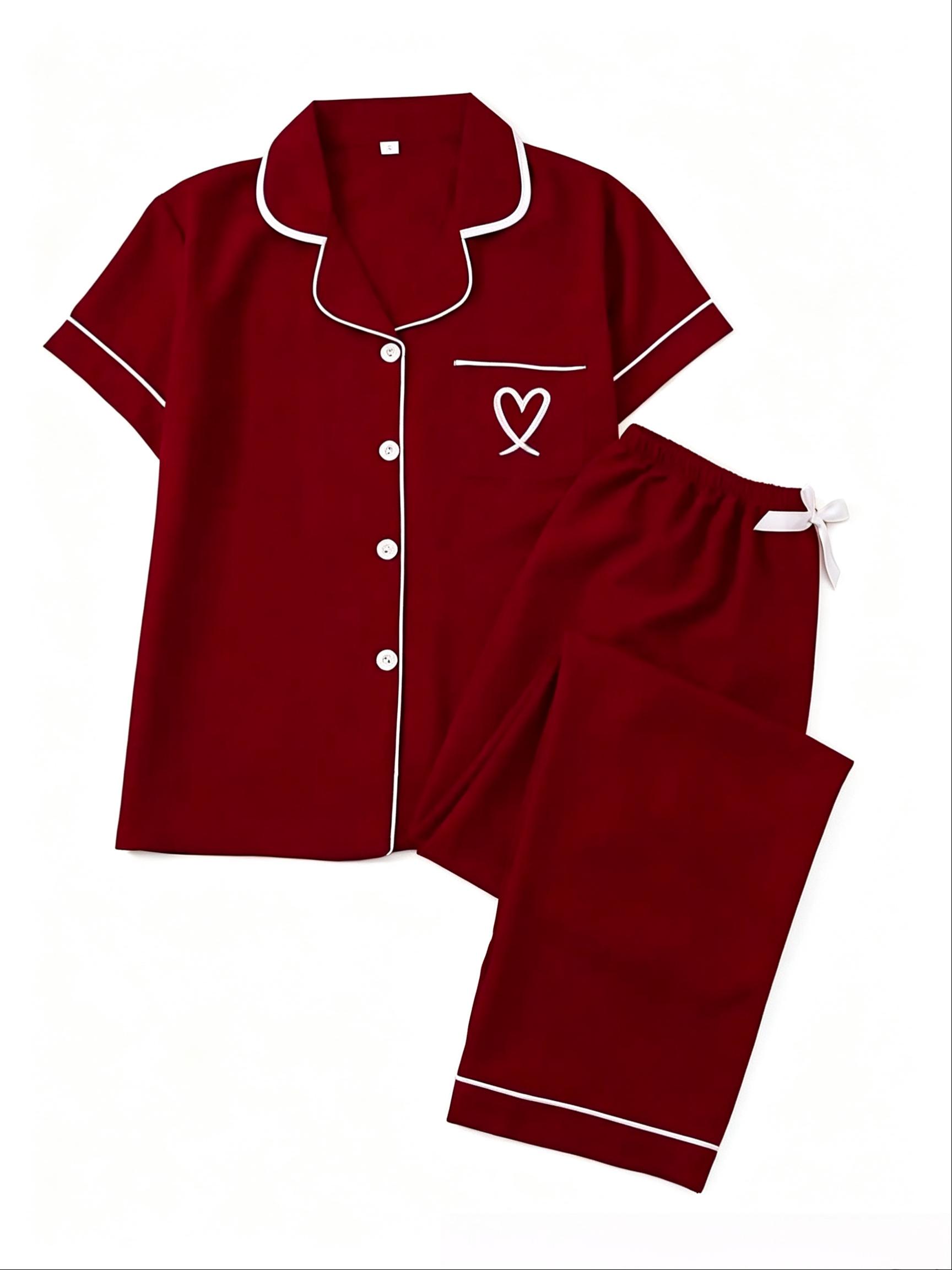 Women's Fitted Heart Embroidery Pajama Set, Polyester