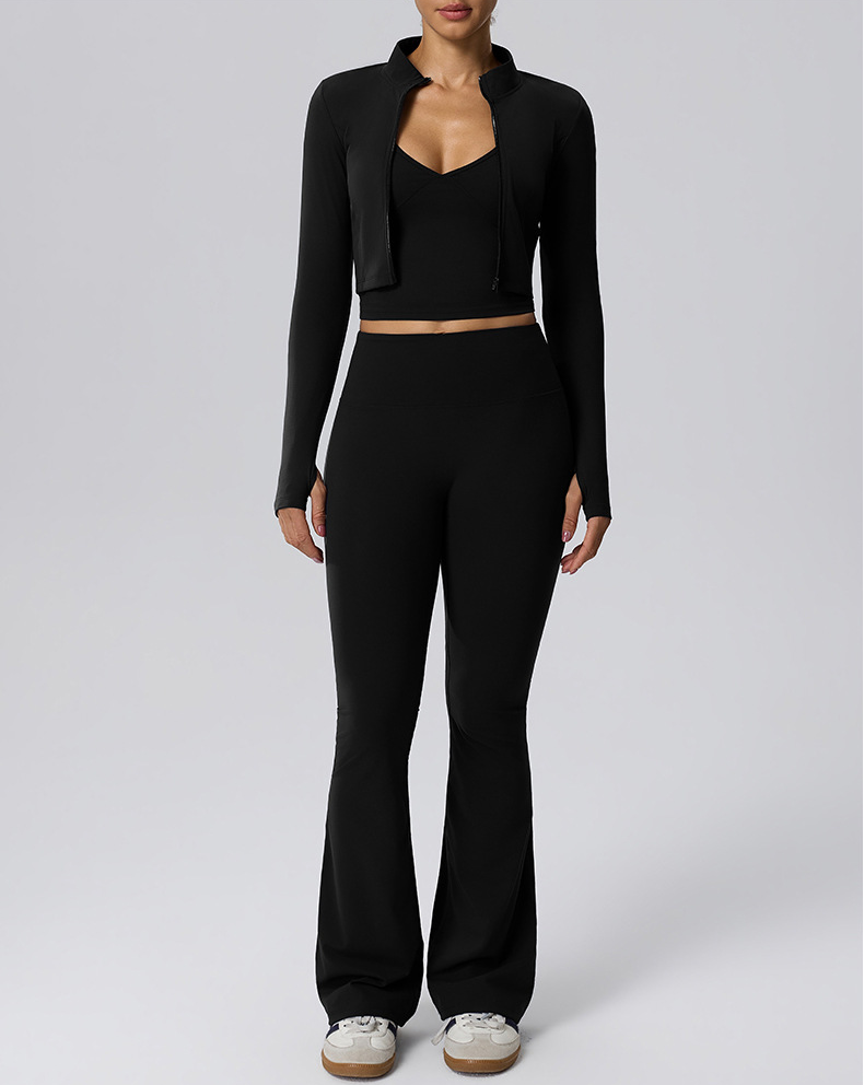 Women’s 3-Piece Yoga Set – Barely-There Double-Layer Tank, Flared Trousers & Long-Sleeve Jacket for Fitness, Casual Wear, Travel & Camping