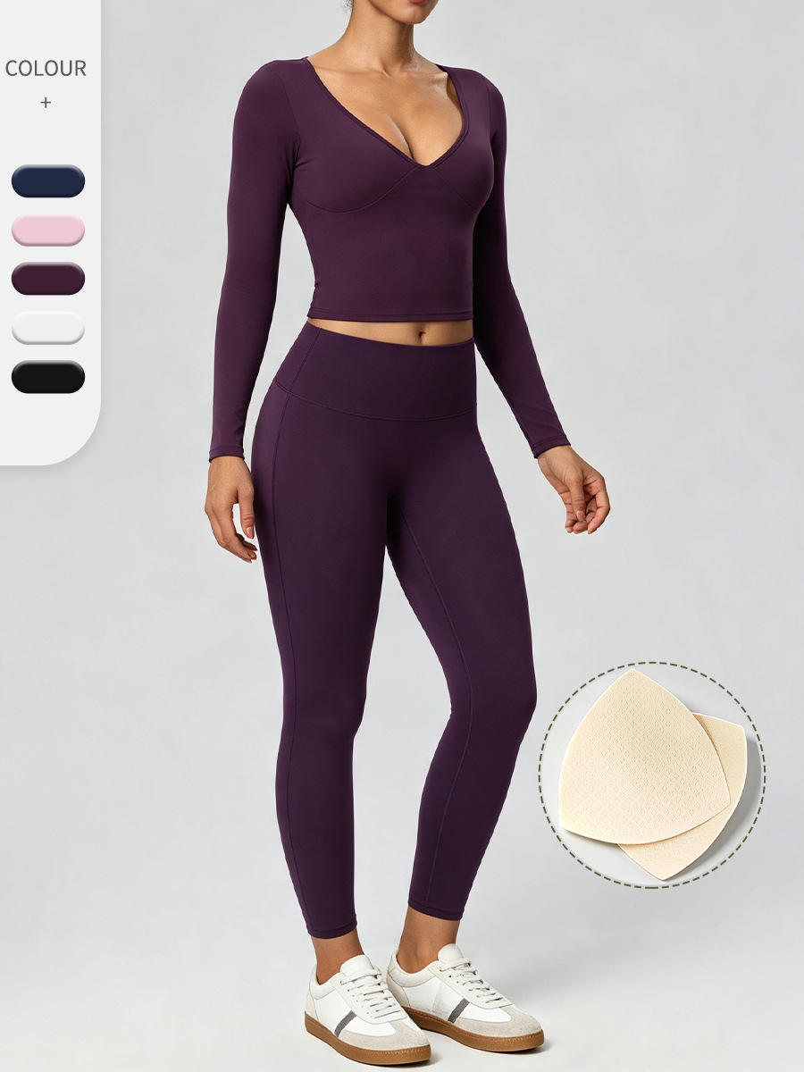 Women’s Two-Piece Sports Set – Soft Double-Layer V-Neck Top & Slim-Fit Leggings for Fitness, Casual & Outdoor Wear