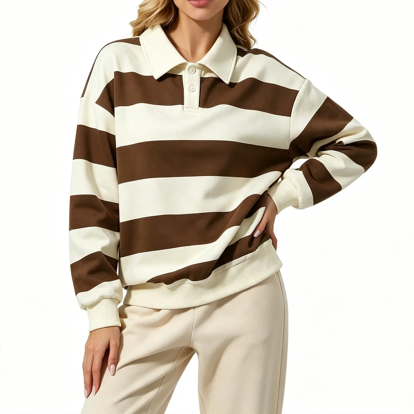 Women’s Fall New Arrival Striped Polo Sweatshirt
