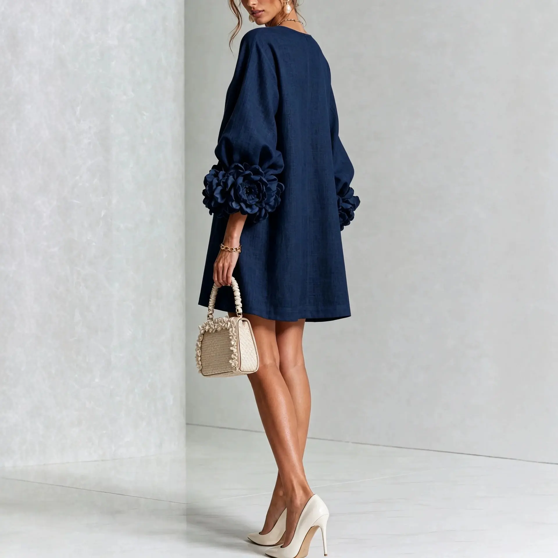 Plus Size Tall Women's Elegant Floral Cuff Linen Dress with Puff Sleeves