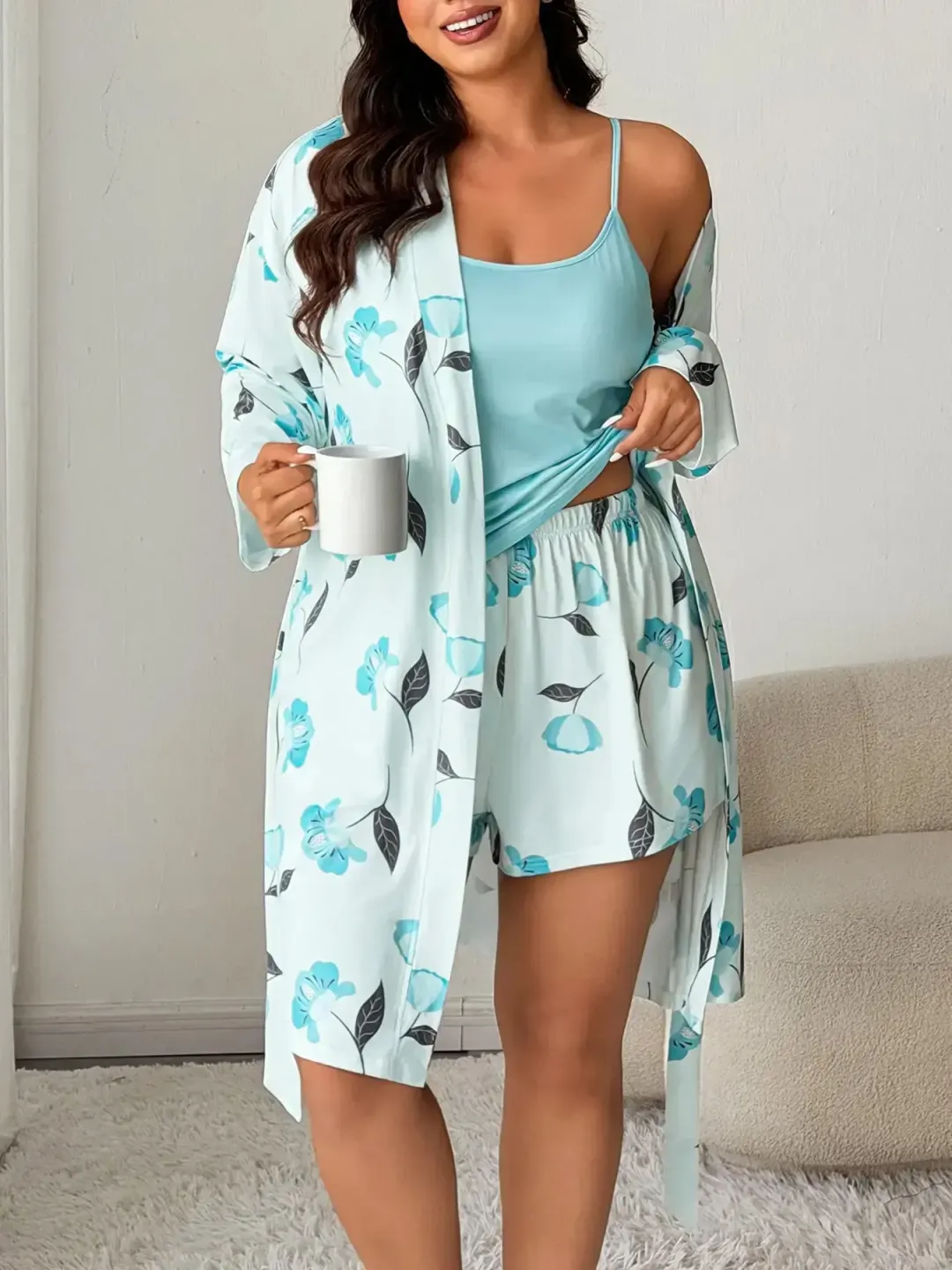 Women's Plus Size Floral Pajama Set with Robe