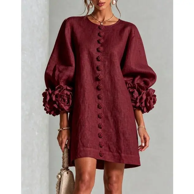 Plus Size Tall Women's Elegant Floral Cuff Linen Dress with Puff Sleeves