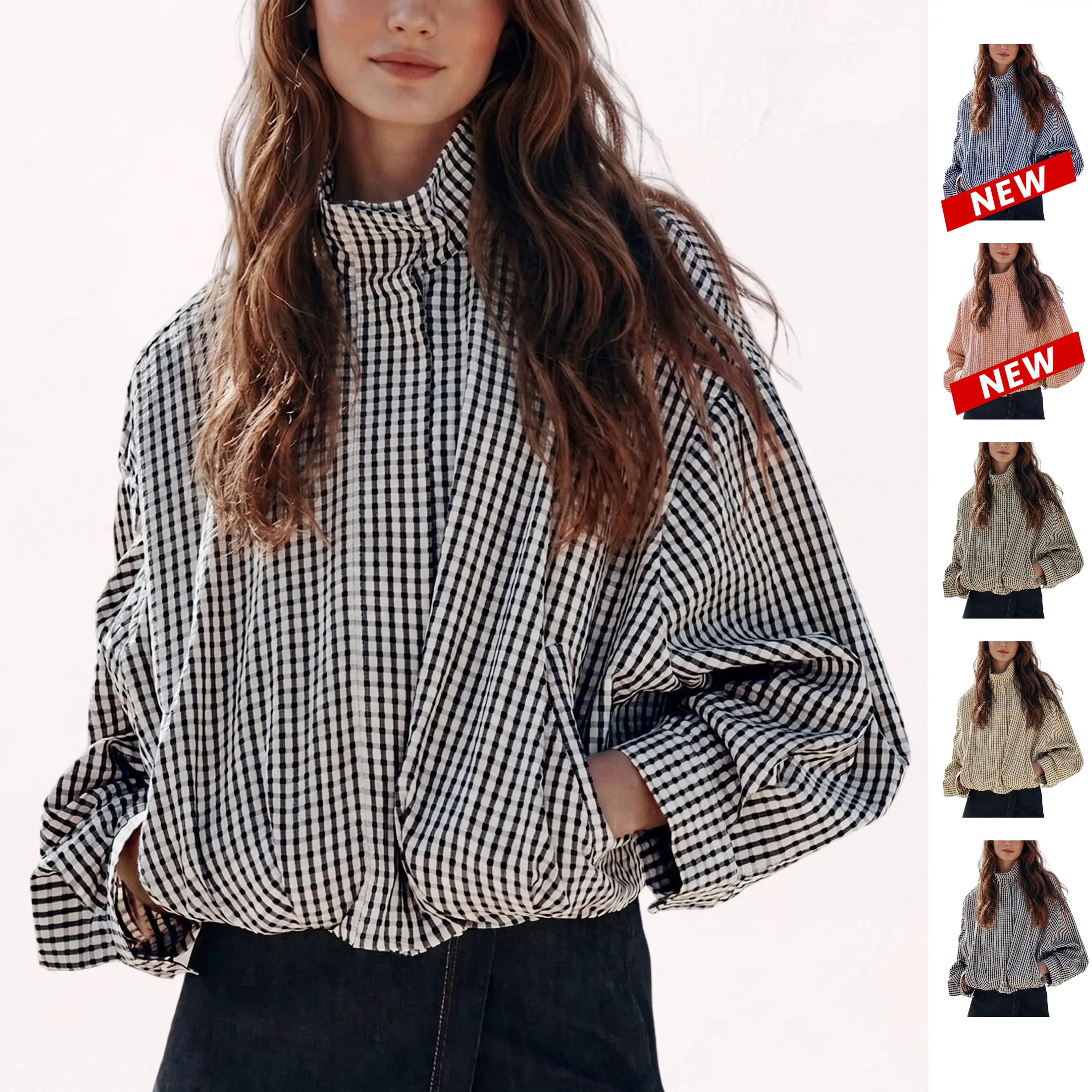 Women's Gingham Plaid Cropped Zip Jacket