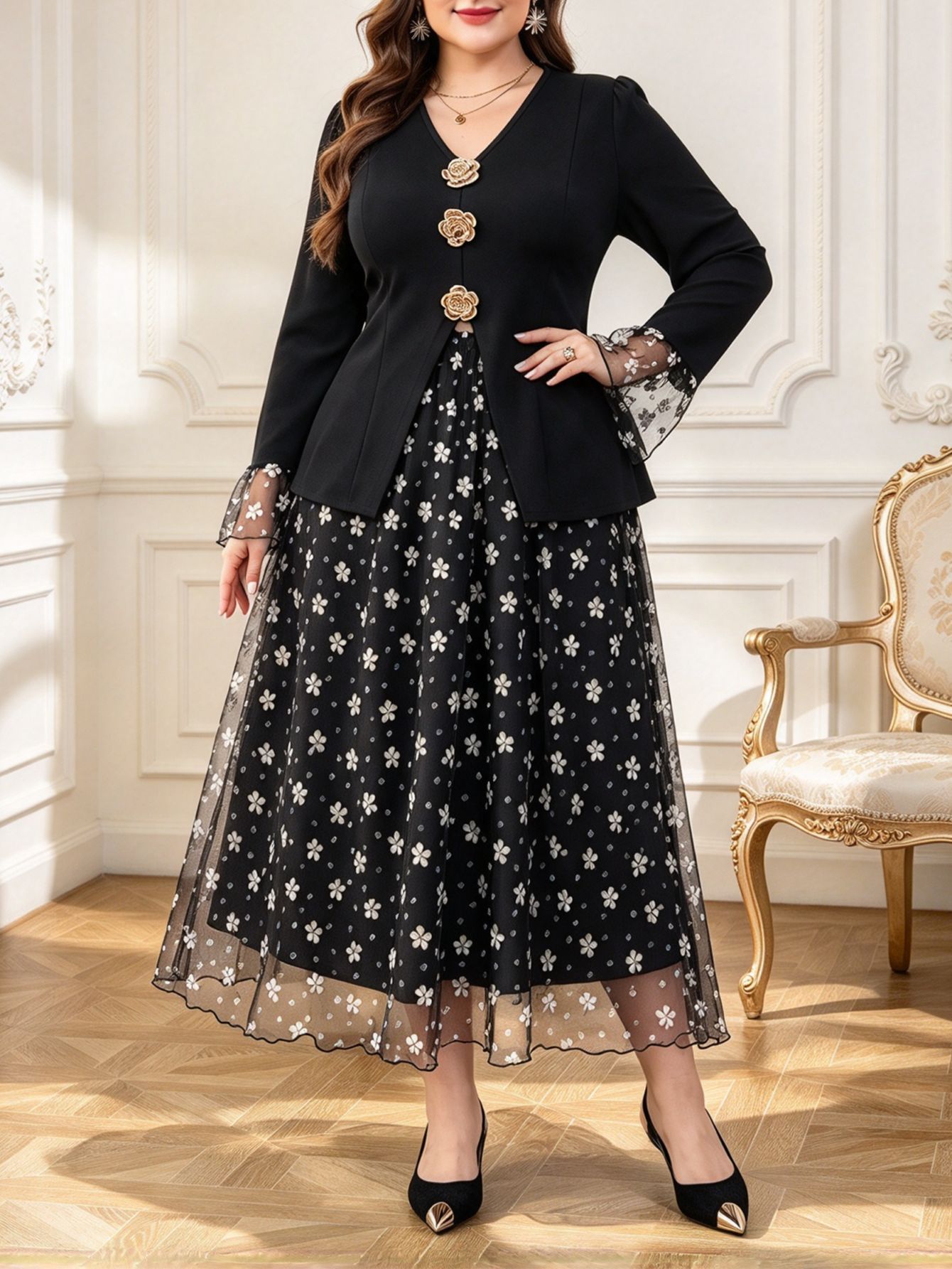 Women’s Plus Size Elegant Two-Piece Set – Stylish Top & Mesh Midi Skirt