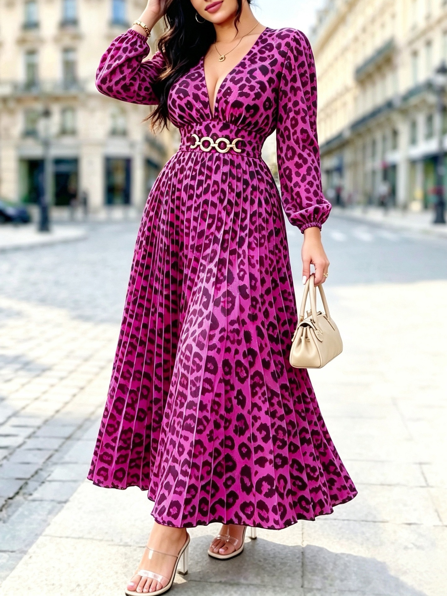 Women’s Plus Size V-Neck Leopard Print Panelled Midi Dress with Waist Belt