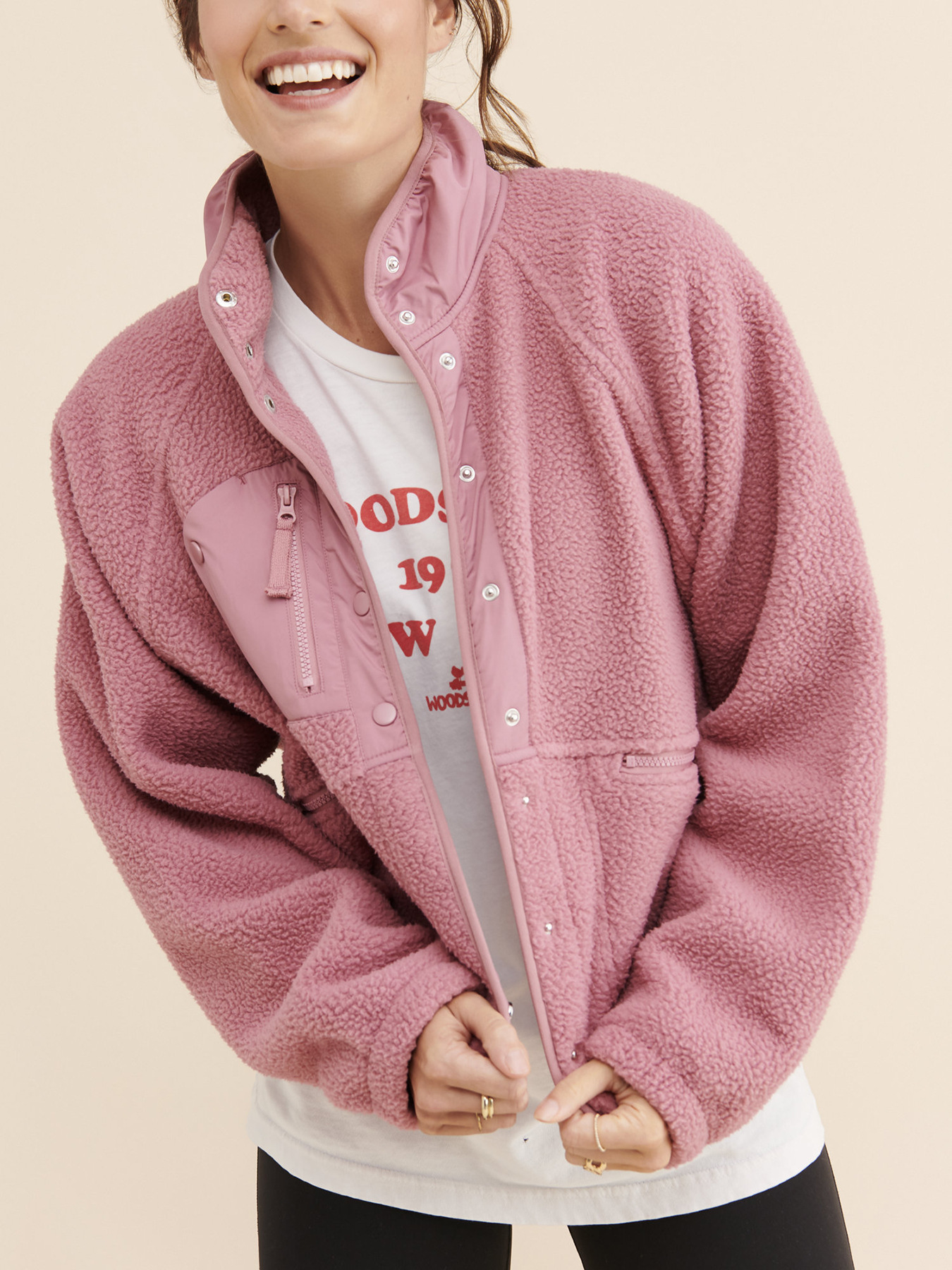 Women’s Color-Block Fleece Jacket with Stand Collar, Zipper & Snap Closure