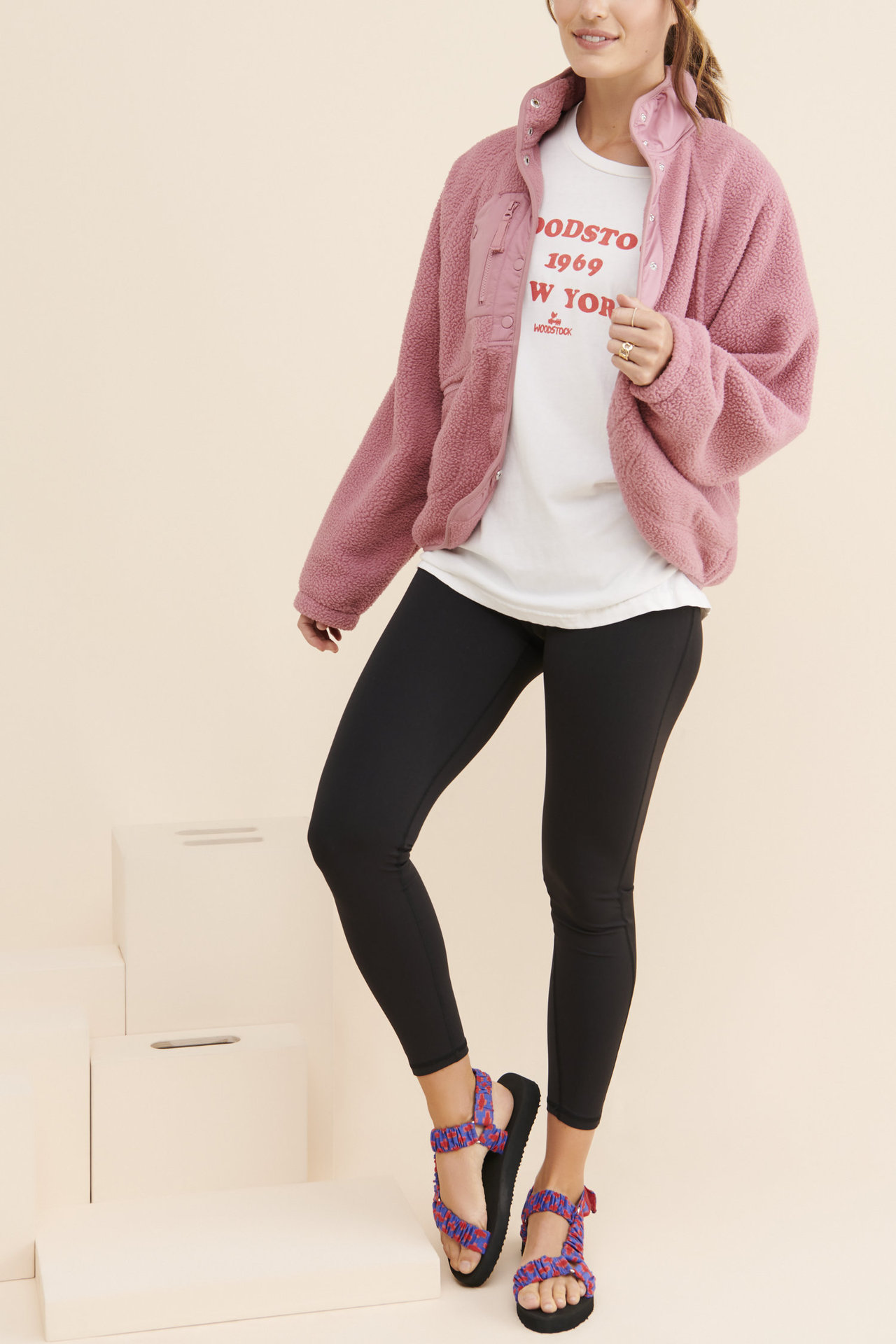 Women’s Color-Block Fleece Jacket with Stand Collar, Zipper & Snap Closure