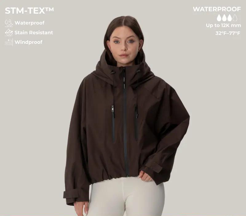 Women’s Hooded Rain Jacket – Short Waterproof Windbreaker with Pleated Hem