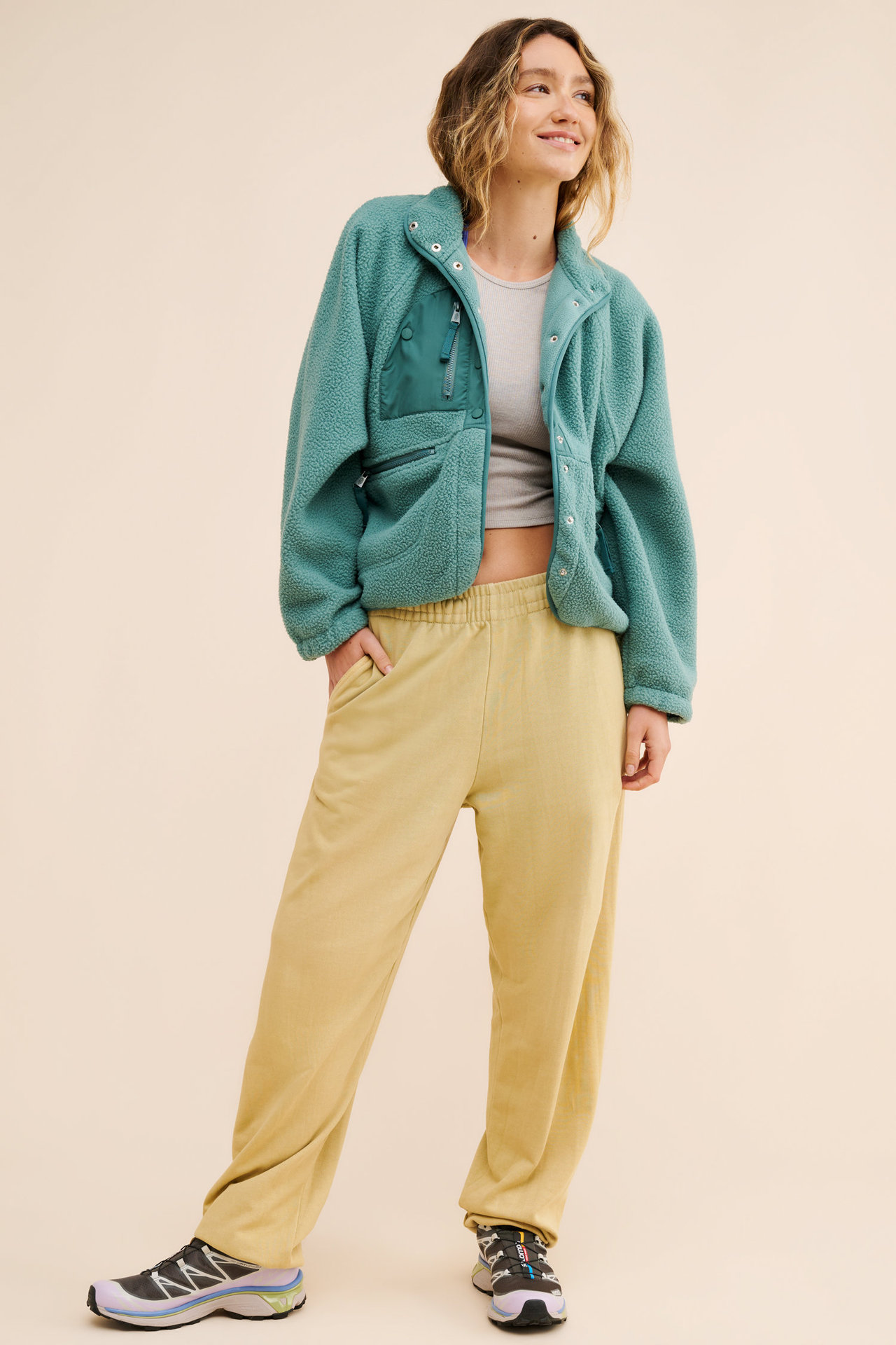 Women’s Color-Block Fleece Jacket with Stand Collar, Zipper & Snap Closure