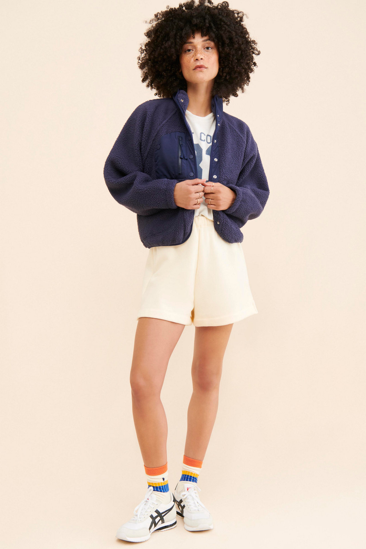 Women’s Color-Block Fleece Jacket with Stand Collar, Zipper & Snap Closure