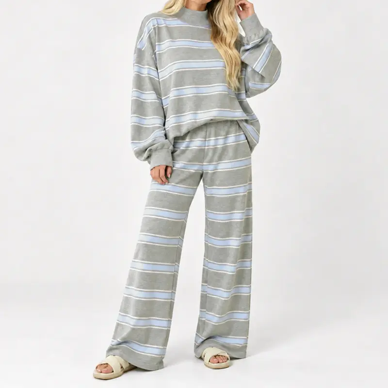 Women’s Striped Two-Piece Set – Mock Neck Pullover & Wide-Leg Trousers for Casual, Travel & Everyday Wear