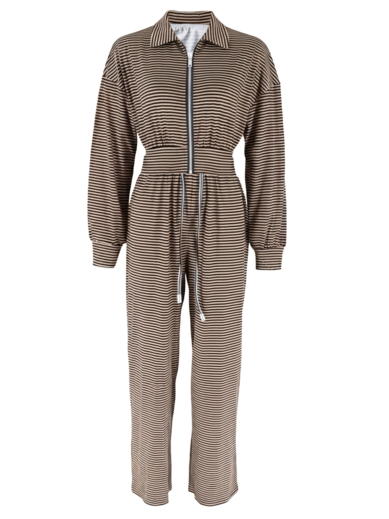 Women’s Autumn Two-Piece Set – Striped Zip-Up Stand-Collar Cardigan & Wide-Leg Trousers
