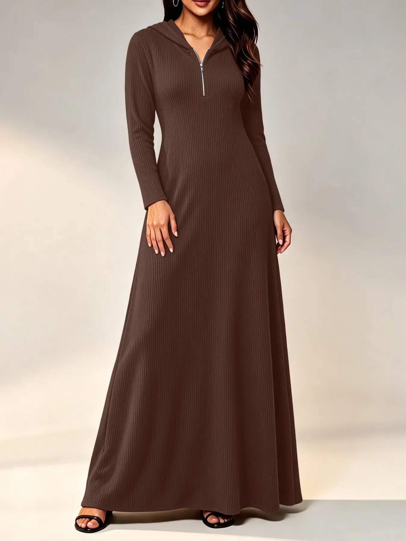 Women's Boho Half-Zip Hooded Knit A-Line Long Dress