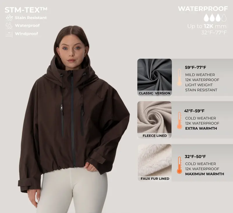 Women’s Hooded Rain Jacket – Short Waterproof Windbreaker with Pleated Hem