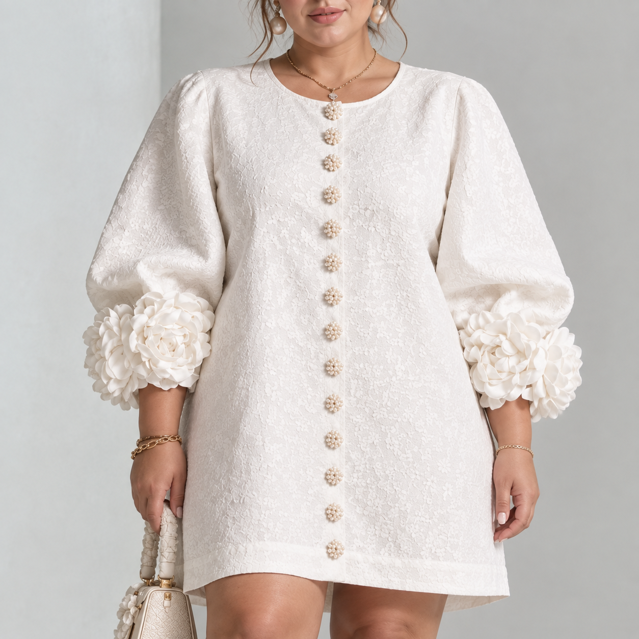 Plus Size Tall Women's Elegant Floral Cuff Linen Dress with Puff Sleeves
